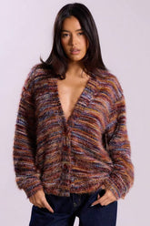 Modischer, übergroßer Fleece-Strickcardigan mit Retro-Streifen und langen Ärmeln