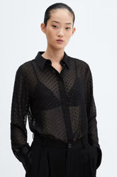 Chiffon-Bluse mit Metallic-Jacquard-Muster, durchsichtig, locker geschnitten, kurz