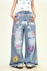 Oversized Washed Star Embroidered Straight Leg Jeans