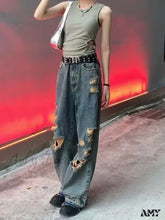 Amy Fashion - Distressed Trendy Brand Washed Vintage Versatile Wide Leg Design Inset Jean Blue / S