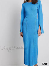 Amy Fashion - Elegant Women Knitted Patchwork Vintage Flare Sleeve Round Neck Slim Fit Solid Party