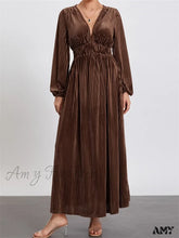 Amy Fashion - Elegant Women Spring Fall Velvet Sleeve Deep V Neck Solid Color A-Line Vintage Female