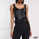 Amy Fashion - Satin Sleeveless Basic Tank Top Black / S