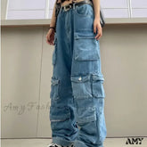 Amy Fashion - Streetwear Loose Oversized Straight-Leg Multi-Pocket Washed Cargo New Heavy Industry