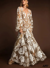 Amy Fashion - Sexy Sommerkleid im Boho-Stil mit V-Ausschnitt und langen Ärmeln
