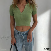 Amy Fashion - Vintage Clothes Ribbed Solid T-Shirt