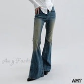 Amy Fashion - Vintage Denim Flare For Women Streetwear High Waist Hit Color Slim Female Autumn 2024