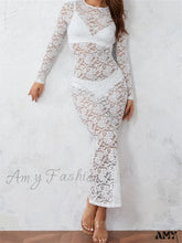 Amy Fashion - Women Lace Floral See Through Vintage Sleeve Round Neck Solid Back Split Party Female