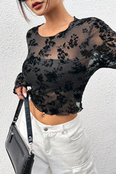 Schwarze, sexy Langarmbluse aus Mesh mit Rundhalsausschnitt