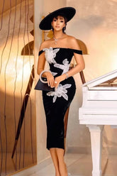 3D-Blumen-Off-Shoulder-Bandagen-Bodycon-Partykleid