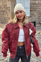 Lederjacke mit Farbblock-Einsätzen und Kragen