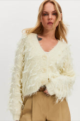 Kurzer, lockerer Strickcardigan mit V-Ausschnitt und Fransen