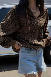Retro-Kapuzenjacke mit Leopardenmuster und lockerem Reißverschluss