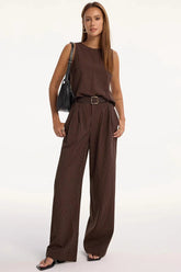 Stripe Crew Sleeveless High Waist Wide Leg Work Set