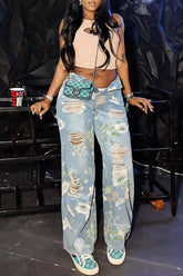 Jeans mit Blumenmuster, Graffiti-Print, Used-Look, hohem Bund, lockerer gerader Schnitt