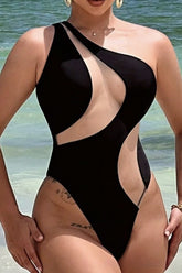 Solid Cutout Asymmetric Off Shoulder One Piece Swimwear