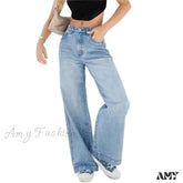 Fashion Loose Mid Waist Straight Daily Casual Commuter Denim High Street Wide Leg Jean