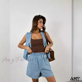 Retro Vintage Casual Loose V-Neck Vest Shorts Suit