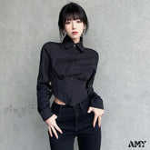 Sexy Folds Gothic Black Short Top Blouse