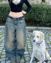 Solid Color Washed Baggy Y2K Vintage Gothic Casual High Waist Wide Leg Streetwear Jean Blue / M