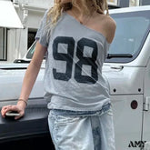 Streetwear Oversized Vintage Print Casual Off-Shoulder Loose Short Sleeve Y2K Crop Top