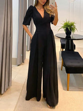 Eleganter, lässiger Jumpsuit mit V-Ausschnitt, Bindeband, hohem Bund, kurzen Ärmeln und weitem Bein