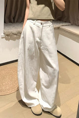 White High Waist Curved Hem Wide Leg Pants