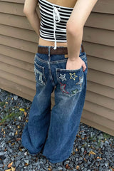 Oversized Washed Star Embroidered Wide Leg Jeans