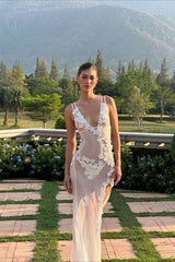 Deep V Mesh Backless 3D Floral Slip Dress