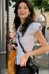 Bluse mit Polka-Dots, Schleifenakzent, Puffärmeln und Kragen