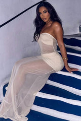 Transparentes, schulterfreies, trägerloses Partykleid mit Mesh-Einsätzen