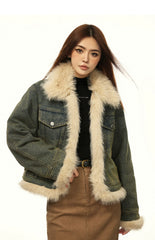 Vintage-Winterjacke aus Denim mit Pelzfutter