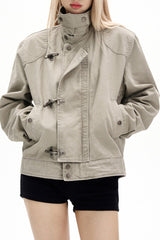 Washed Toggle Front High Collar Utility Jacket