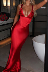 Satin-Partykleid mit Stäbchen, V-Ausschnitt und offenem Rücken