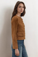 Metallic Button Cropped Suede Jacket