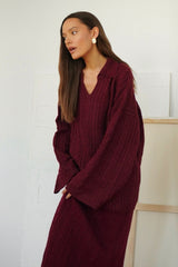 Cable Polo Knit Top Maxi Skirt Set