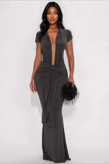 Solid Plunge V Short Sleeve Tie Slim Bodycon Dress