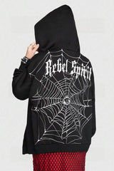 Punk-Kapuzenjacke mit Spinnennetz-Buchstabenprint