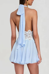Crochet Waist Pleated Halter Mini Dress