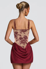 Square Neck Lace Print Ruched Patchwork Slip Dress