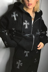 Lockerer Hoodie mit Strasskreuzen und Reißverschluss