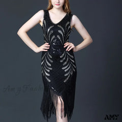 1920S Retro Tassel Prom Sequin Dance Double V Neck Sleeveless Beaded Small Flapper Gatsby Vestidos