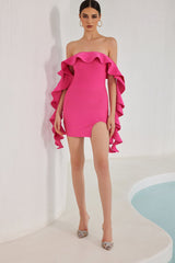 Nessa schulterfreies Mini-Bandagenkleid mit Rüschen - Rosa