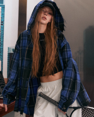 Blau karierte Oversize-Kapuzenjacke