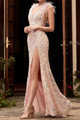 Rotes Pailletten-Feder-Maxikleid mit hohem Bund, einfarbig, für Partys