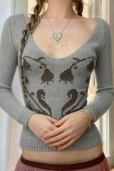Retro-Pullover mit Herz- und Blumenmuster, lässiger V-Ausschnitt