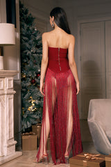 Trägerloses rotes Fransenkleid