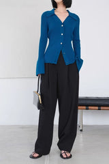 Stretch Ribbed Collared Knit Top