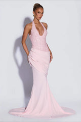 Sequin Patch Halter Deep V Ruched Train Maxi Bodycon Dress