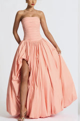 Gelbes, trägerloses, asymmetrisches Babydoll-Partykleid mit Bindebändern